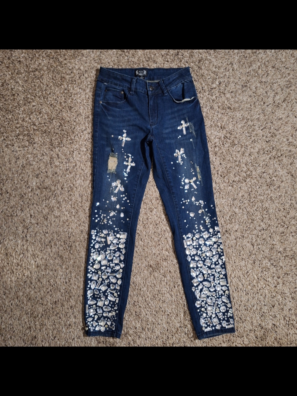 A.Z.I New York Encrusted Crystal & Rhinestone Cross Distressed Jeans Size 0